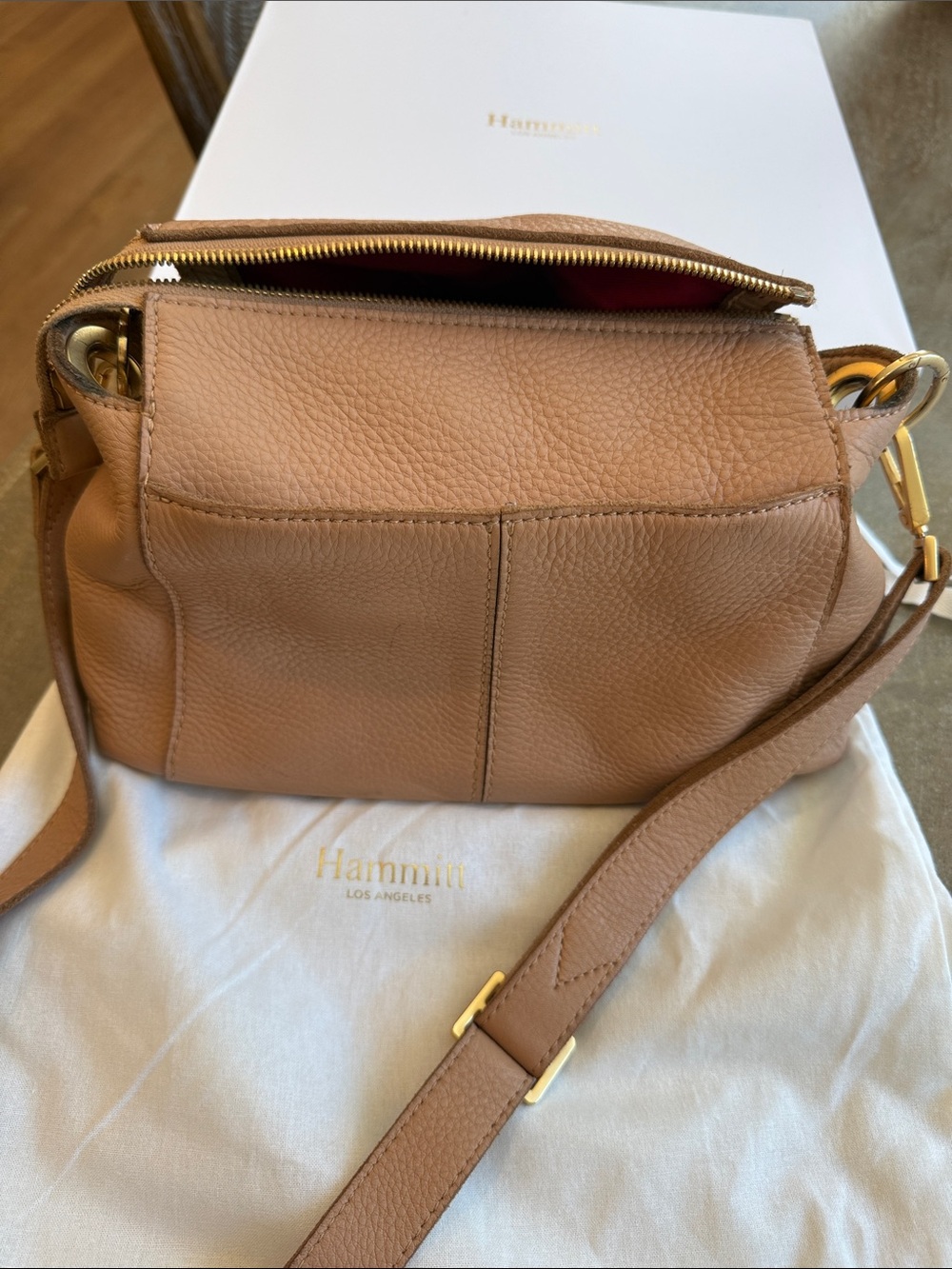 Hammitt Bryant Medium Pebbled Leather Crossbody Bag in Tan with Gold Hardware - Picture 3 of 5